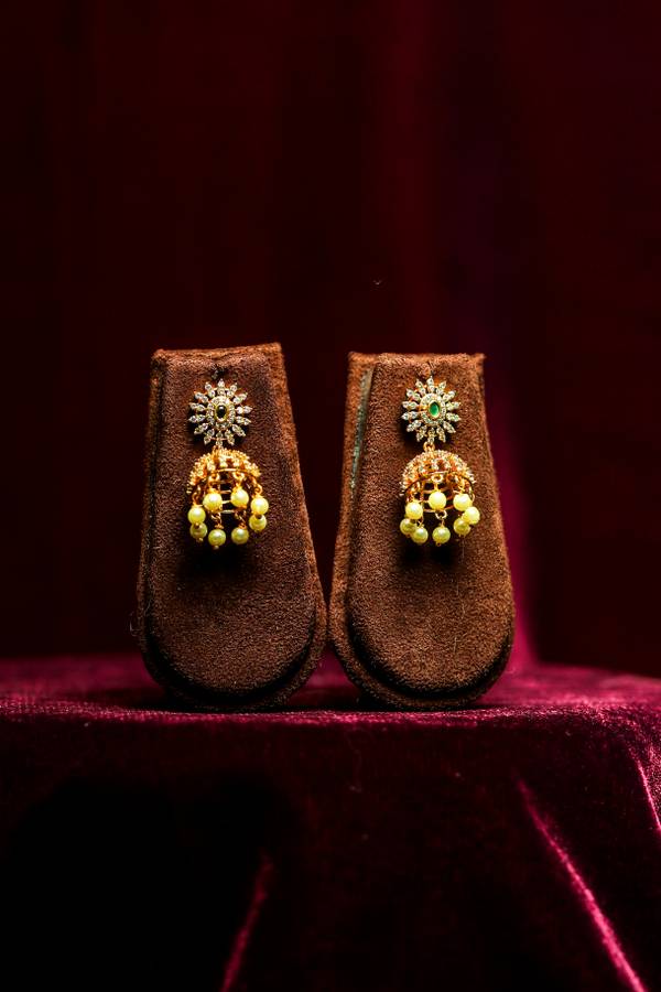 Starburst Crystal Jhumka Earrings with Openwork Lattice and Pearls