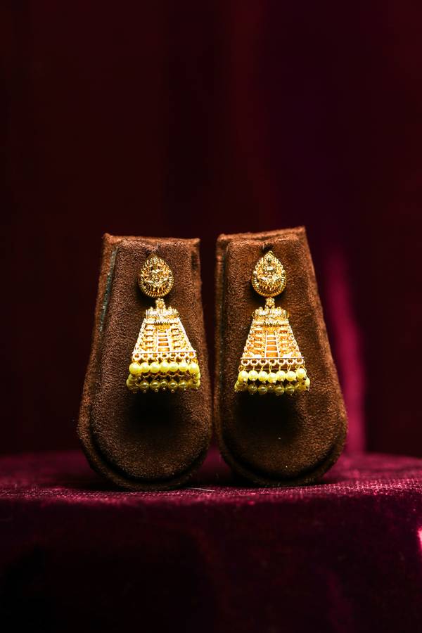 Heritage Temple-Style Pyramid Jhumka Earrings with Pearl Fringe
