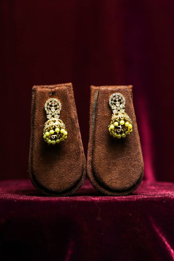 Ornate Lattice Crystal Jhumka Earrings with Soft Pearl Fringe