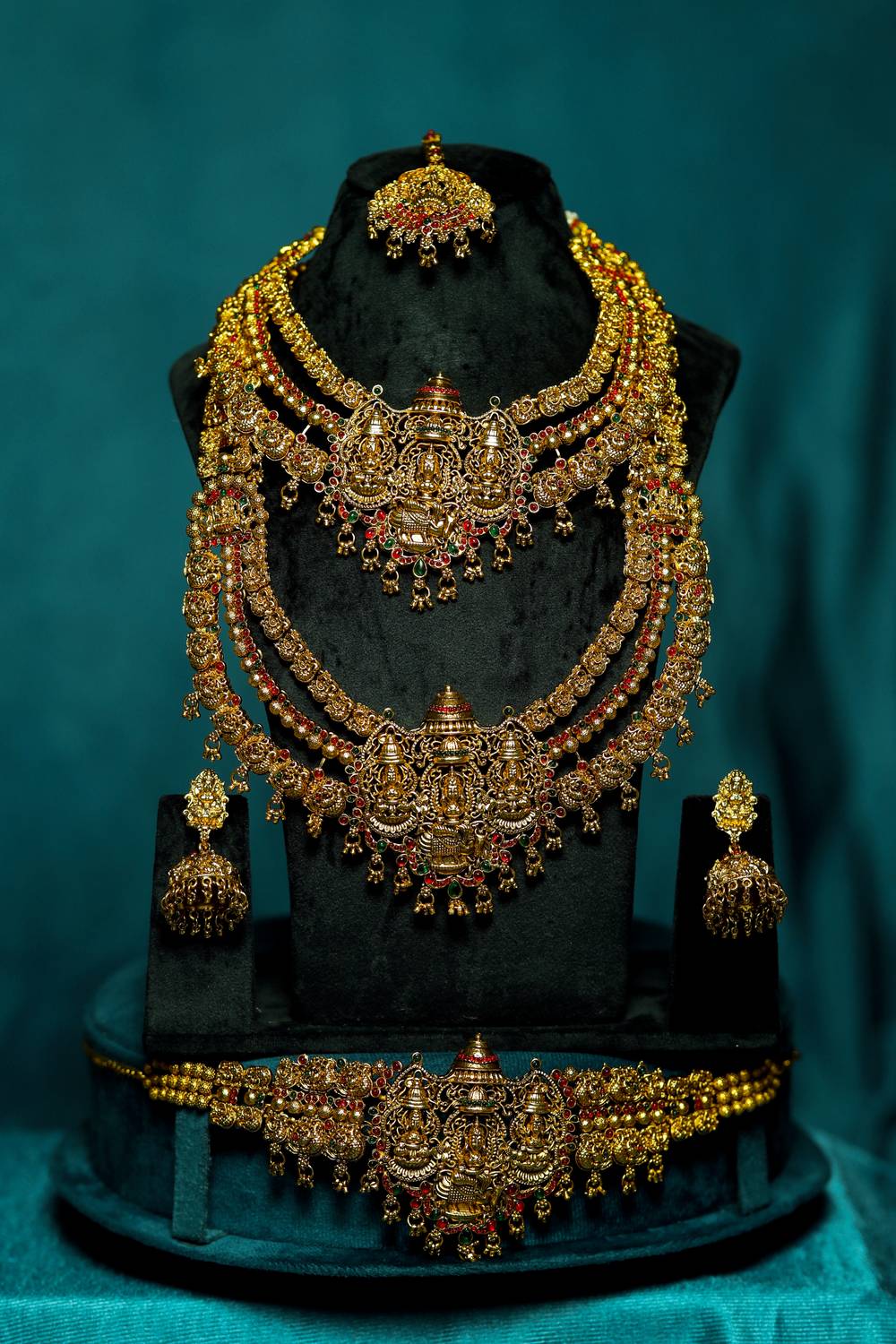 Divine Tirupati Balaji & Lakshmi Antique Gold Temple Bridal Set