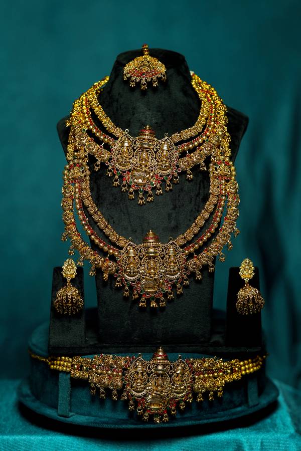 Divine Tirupati Balaji & Lakshmi Antique Gold Temple Bridal Set