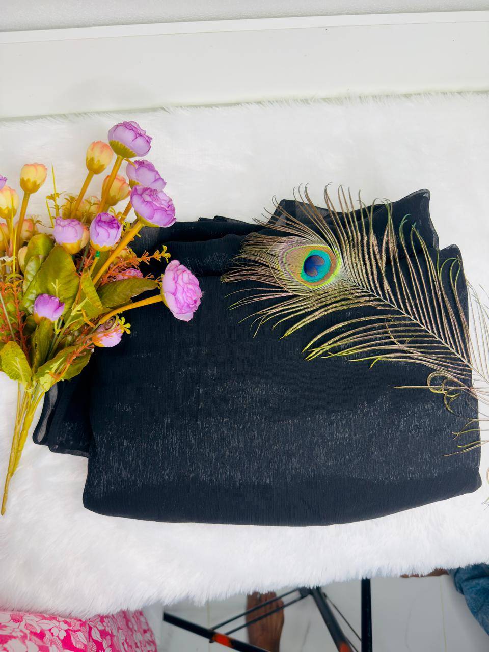 Classic Onyx Black Textured Tussar Raw Silk Long Saree