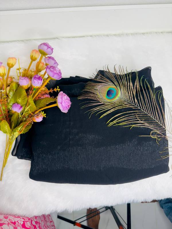 Classic Onyx Black Textured Tussar Raw Silk Long Saree