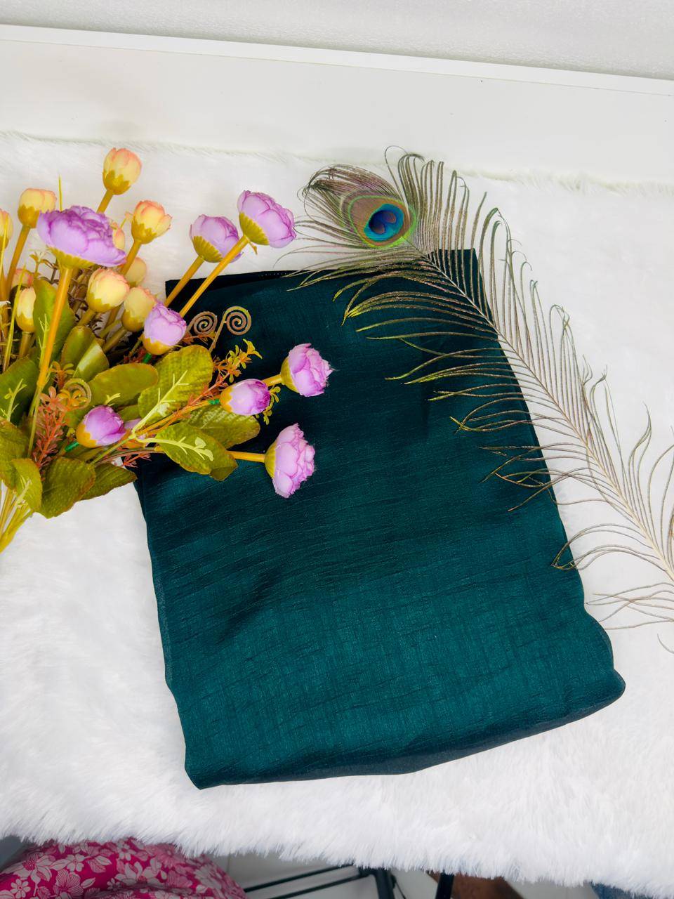 Deep Emerald Green Textured Tussar Raw Silk Long Saree