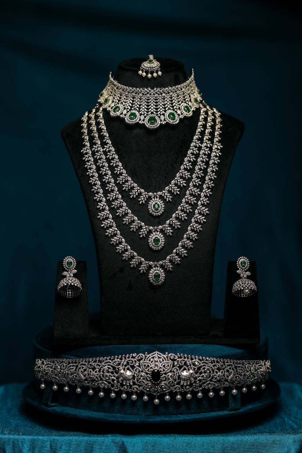 Modern Silver-Plated Cubic Zirconia Choker and Layered Long Haar Bridal Combo