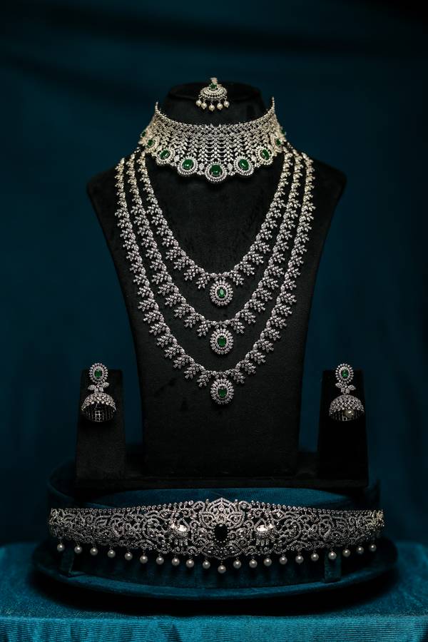 Modern Silver-Plated Cubic Zirconia Choker and Layered Long Haar Bridal Combo