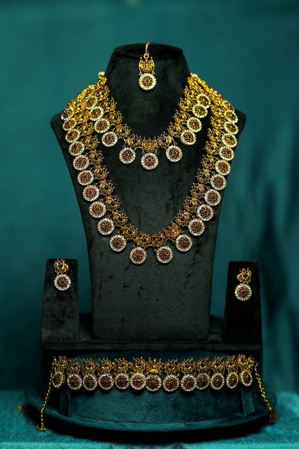 Royal Kemp Stone & Peacock Motif Antique Gold Bridal Jewellery Combo