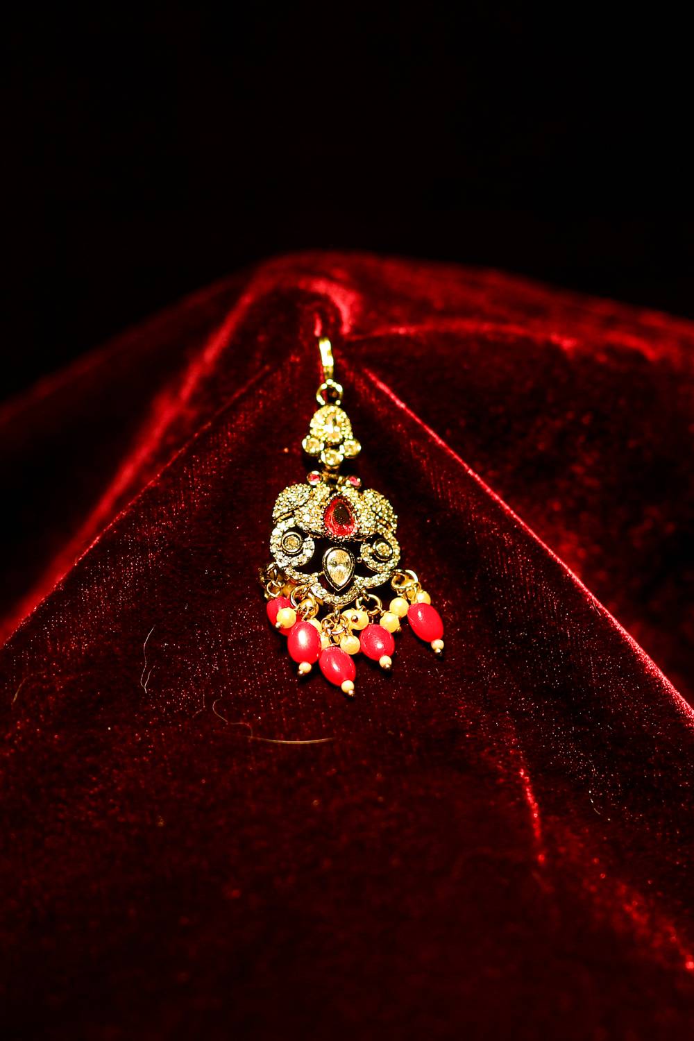 Antique Matte Gold Maang Tikka with Ruby Drops and Seed Pearls
