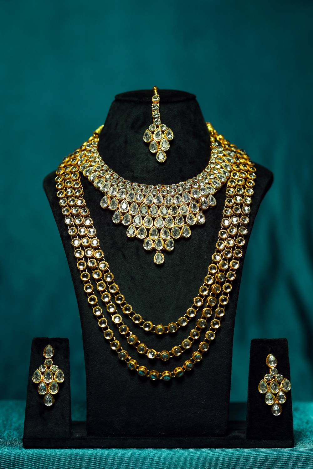 Royal Kundan Polki Multi-Layered Bridal Necklace Set with Earrings & Maang Tikka