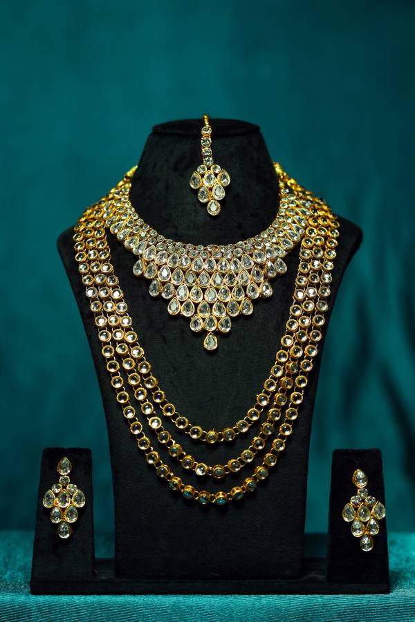 Royal Kundan Polki Multi-Layered Bridal Necklace Set with Earrings & Maang Tikka