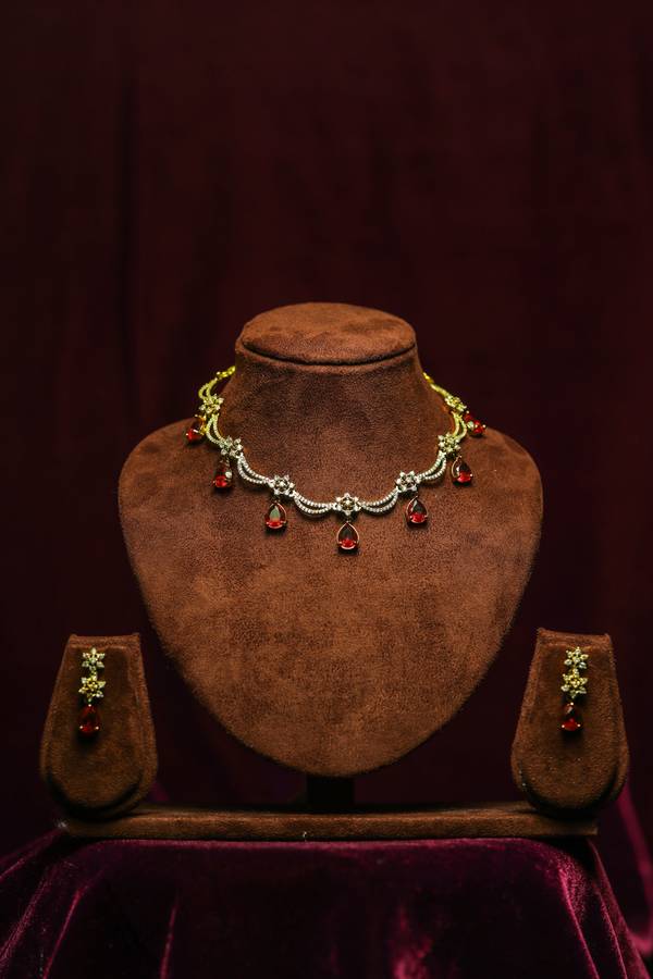 Ruby Pink Teardrop Victorian Festoon Necklace Set with Matching Drop Earrings