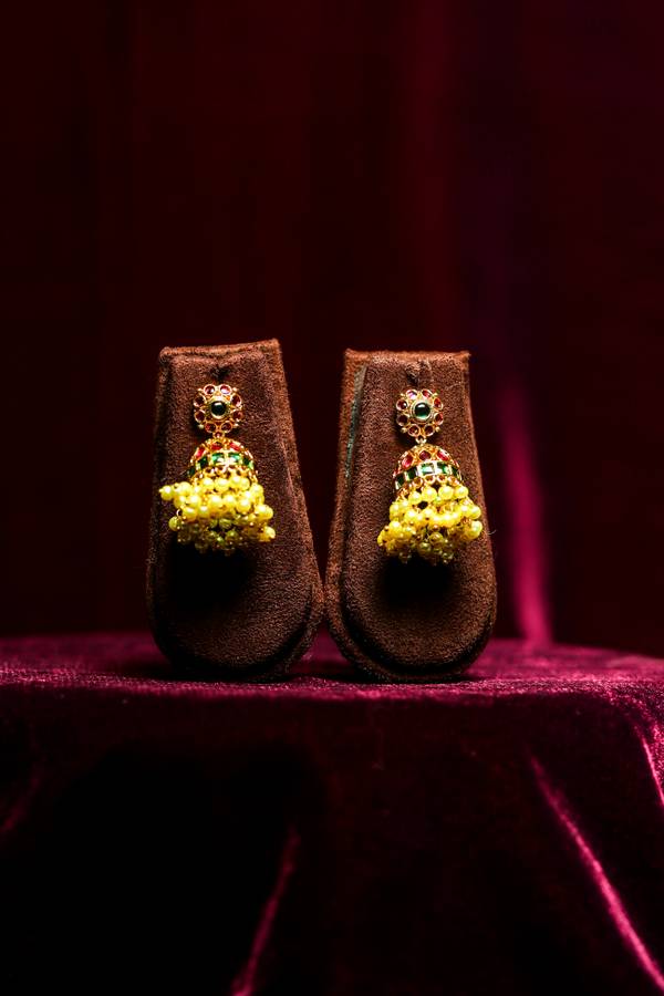Heritage Multi-Color Kemp Jhumka Earrings with Dense Pearl Fringe