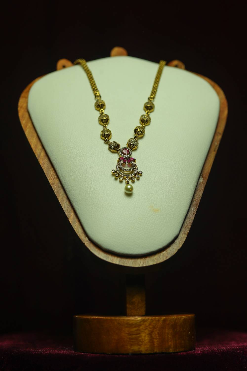 American Diamond and Ruby Crescent Short Necklace with Gold Mesh Chain