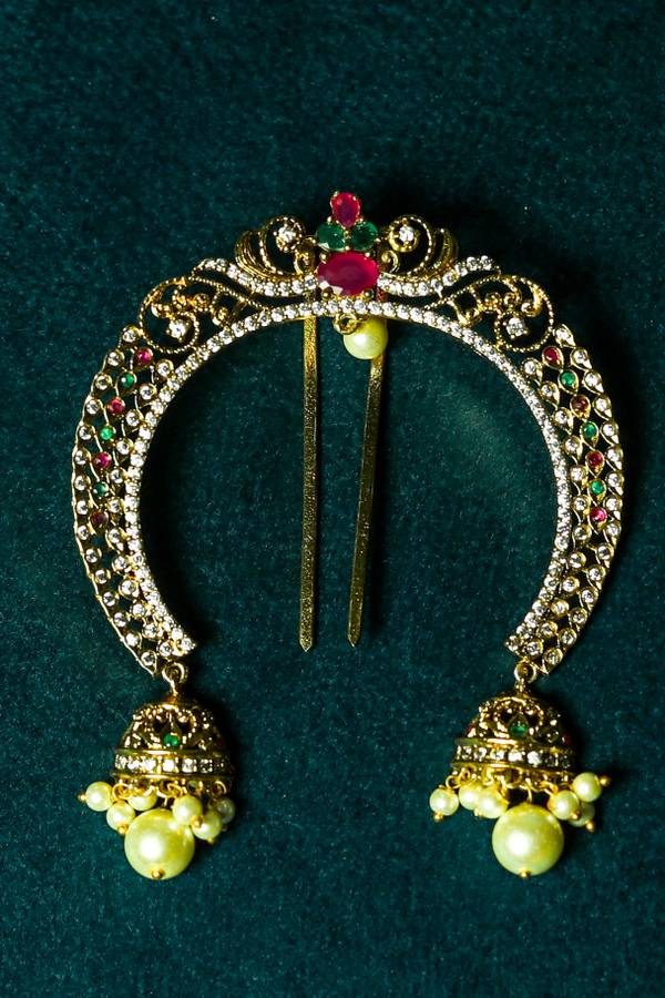 Heritage Empress Crystal Crescent Juda Pin with Mini Jhumka Drops