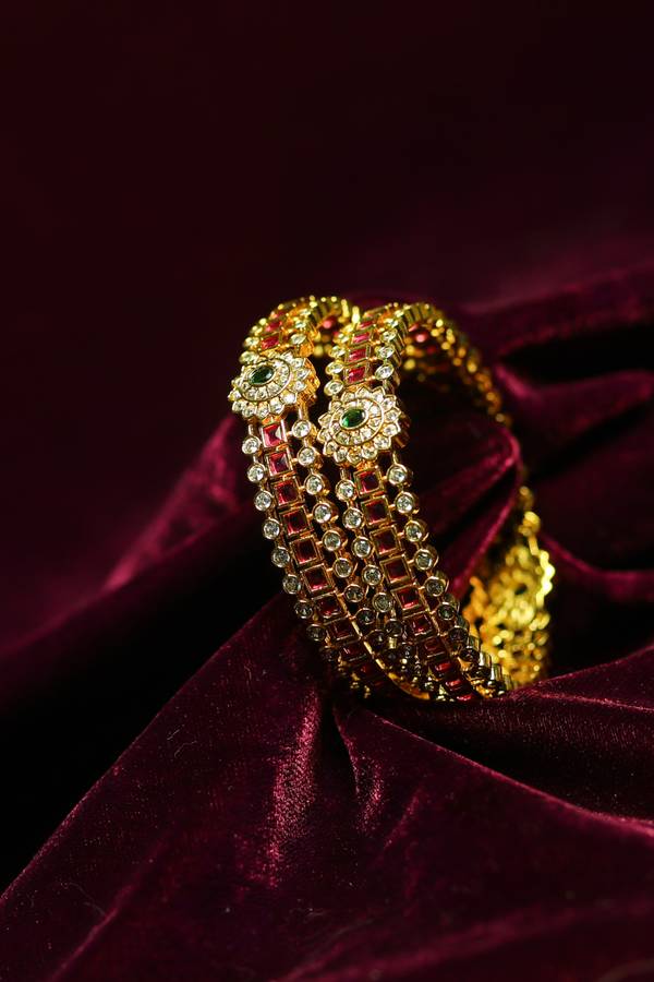  Heritage Gold-Plated Ruby Kemp Kada Bangles with Floral Side Motif (Pair)
