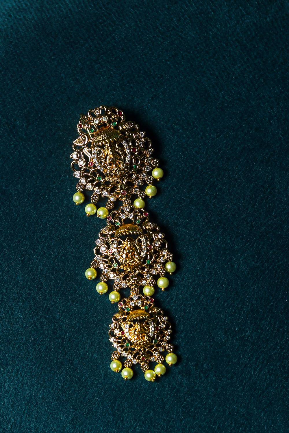 Imperial Goddess Lakshmi Temple Kemp Jadabillalu Brooch with Pearl Fringe