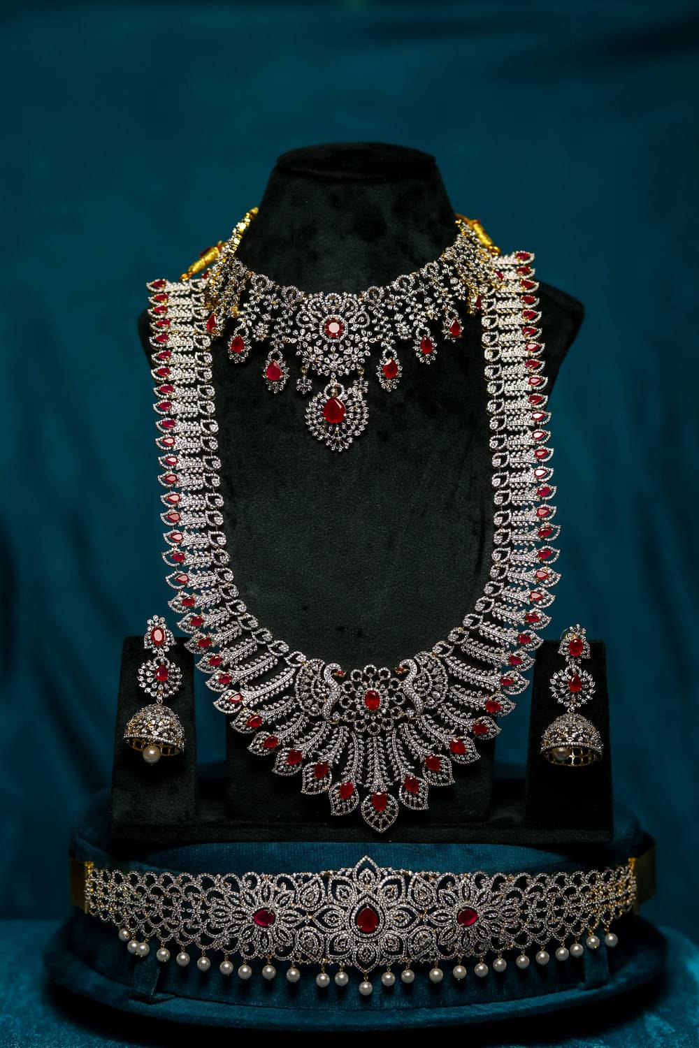 The Maharani Rhodium-Plated Ruby & American Diamond Complete Bridal Trousseau Set