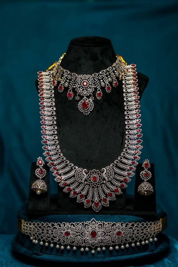 The Maharani Rhodium-Plated Ruby & American Diamond Complete Bridal Trousseau Set