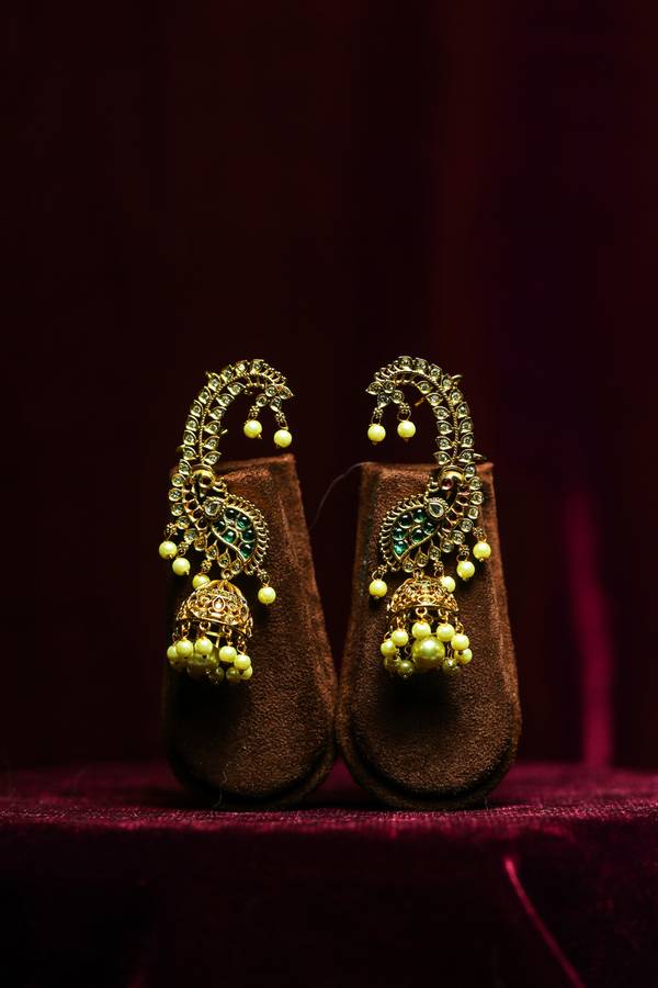  Antique Matte Gold Peacock Jhumkas with Sparkling Stone Kaan Extensions