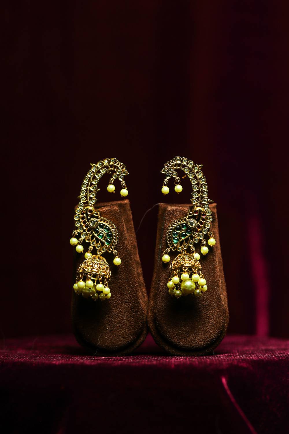 Antique Matte Gold Peacock Jhumkas with Sparkling Stone Kaan Extensions