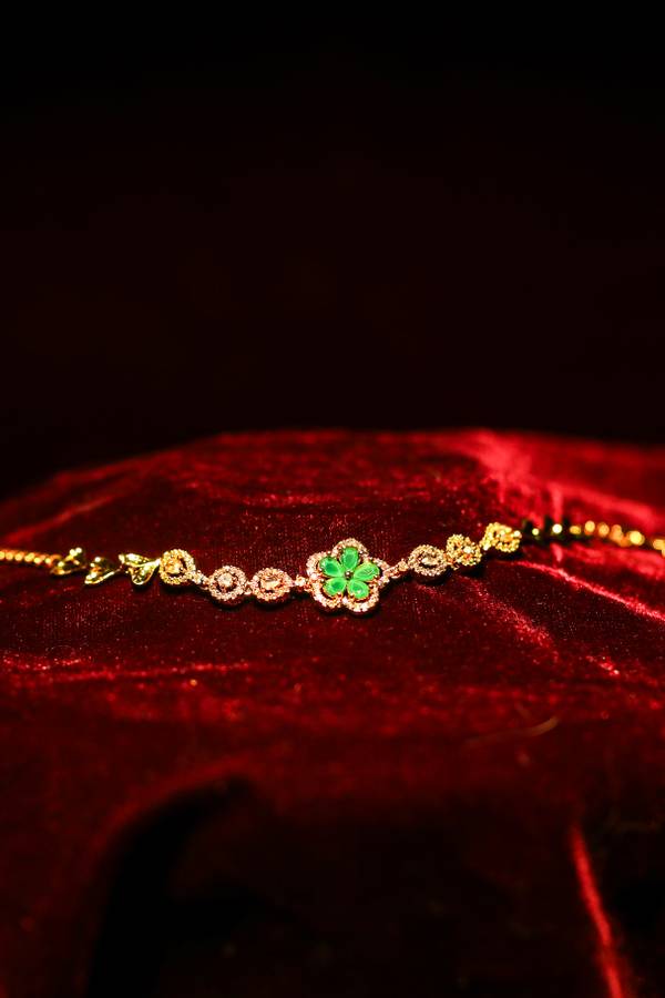 Green Floral Charm Gold-Plated Bracelet with Pavé Accents