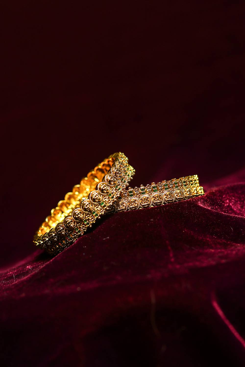 Antique Gold-Plated Beaded Heritage Kada Bangles with Green Accents (Pair)