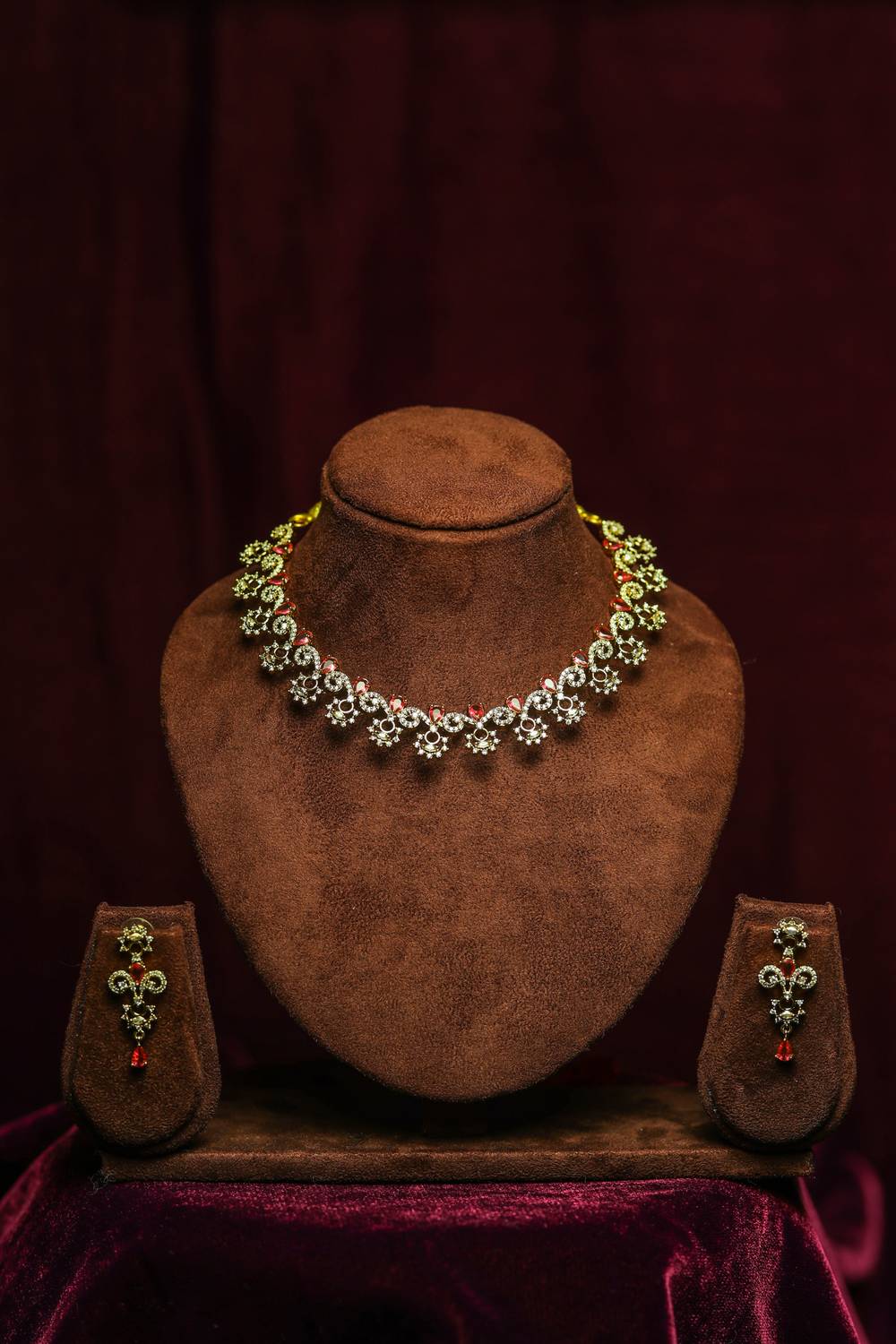 Regal Ruby Pink & American Diamond Choker Necklace Set with Drop Earrings