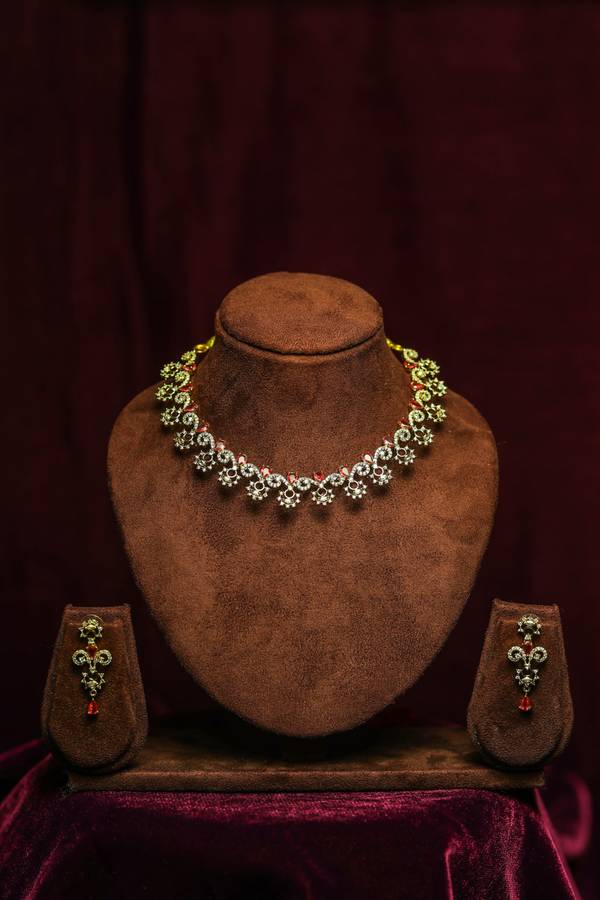 Regal Ruby Pink & American Diamond Choker Necklace Set with Drop Earrings