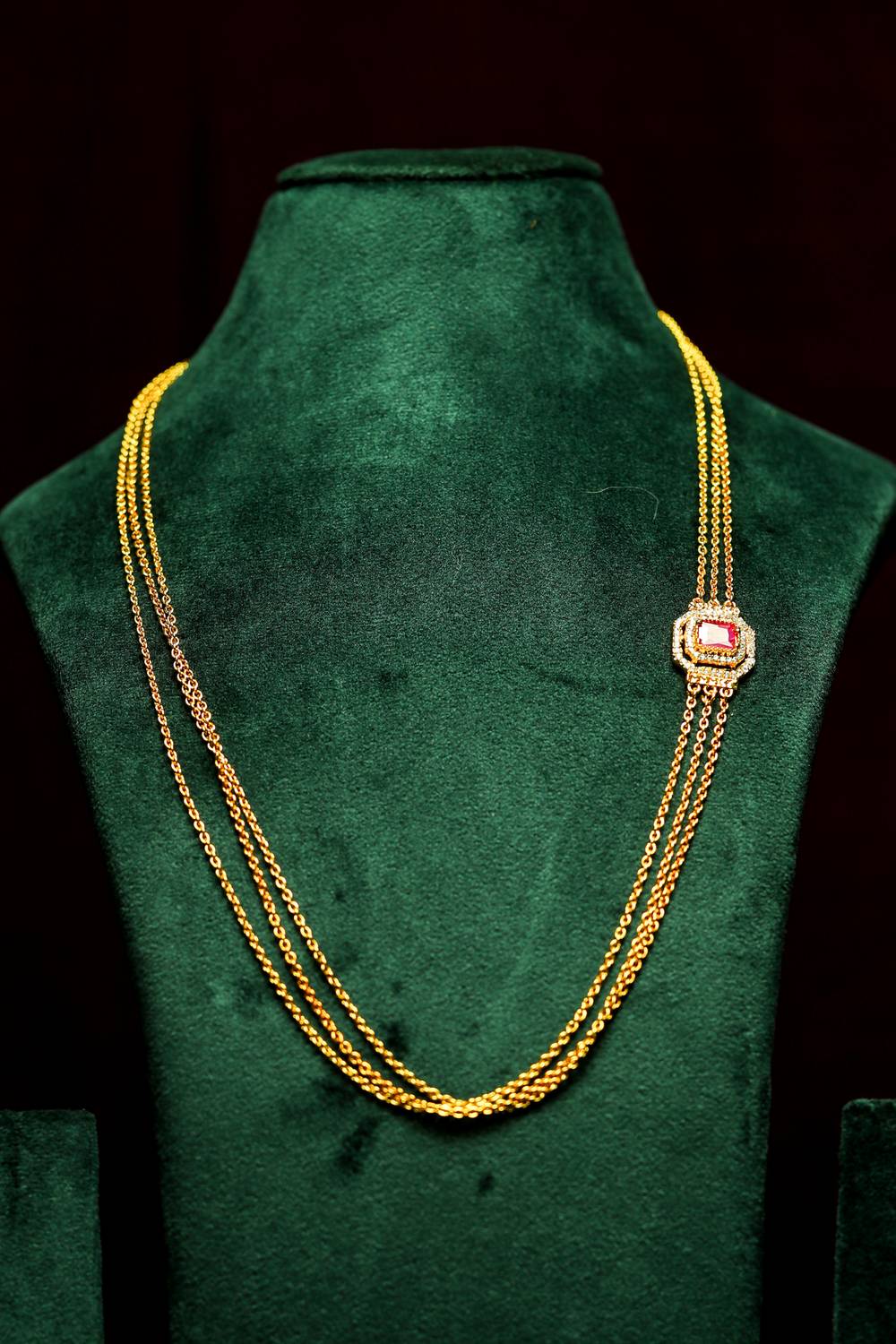 Antique Gold-Plated 3-Strand Long Chain Necklace with Pink Ruby Side Motif