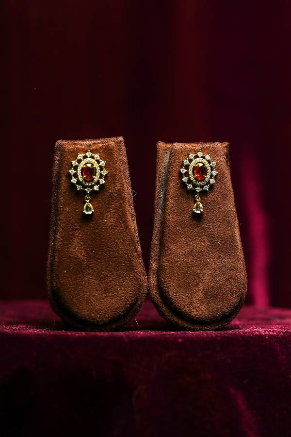 Vintage Starburst Ruby Red Stud Earrings with Teardrop Dangle