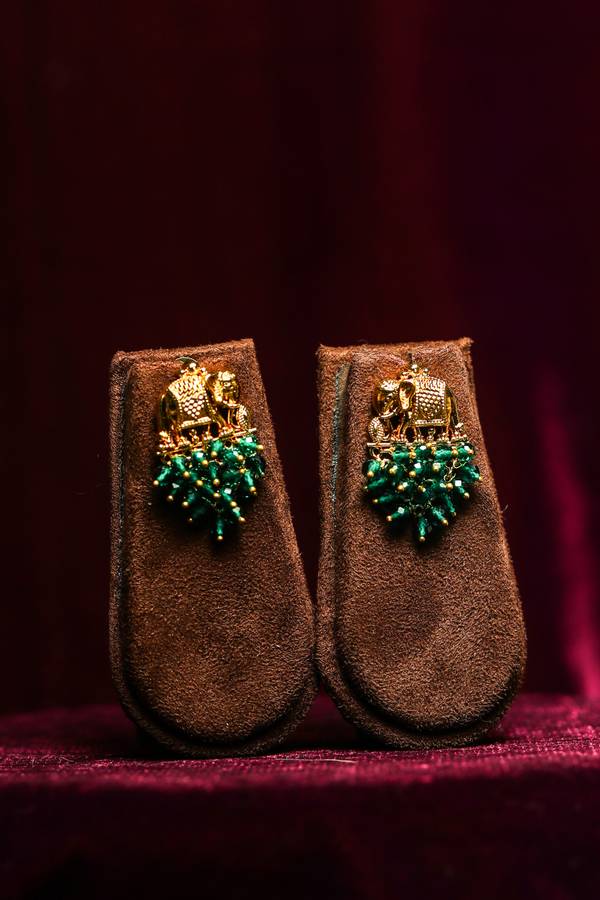 Royal Elephant Motif Gold-Tone Studs with Emerald Bead Clusters