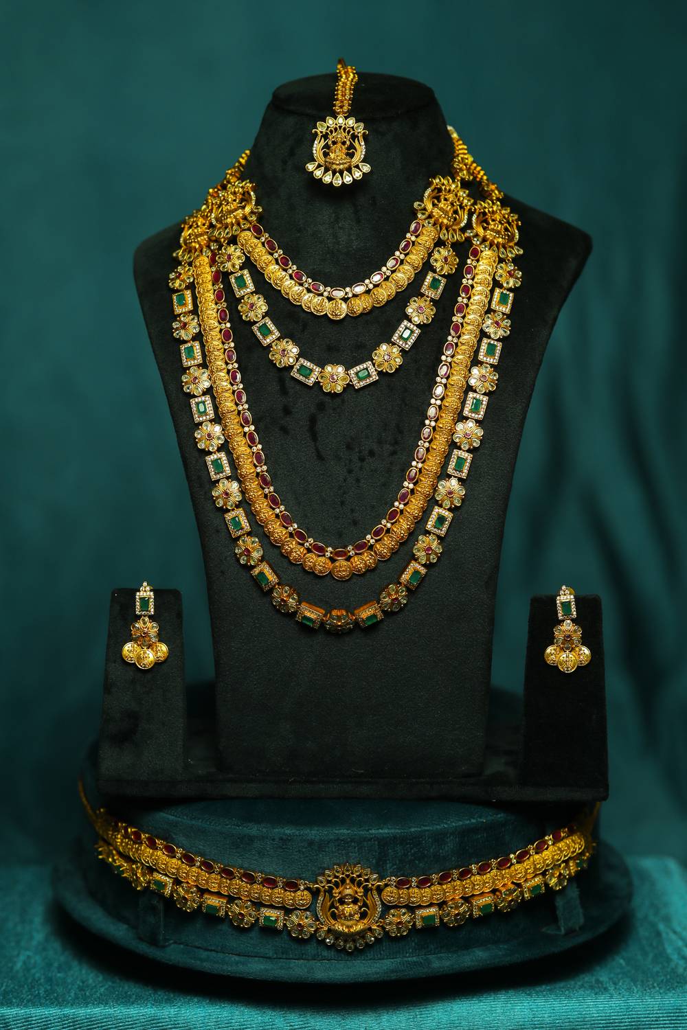 Royal Multi-Layered Kemp Stone & Kasu Work Antique Gold Bridal Set