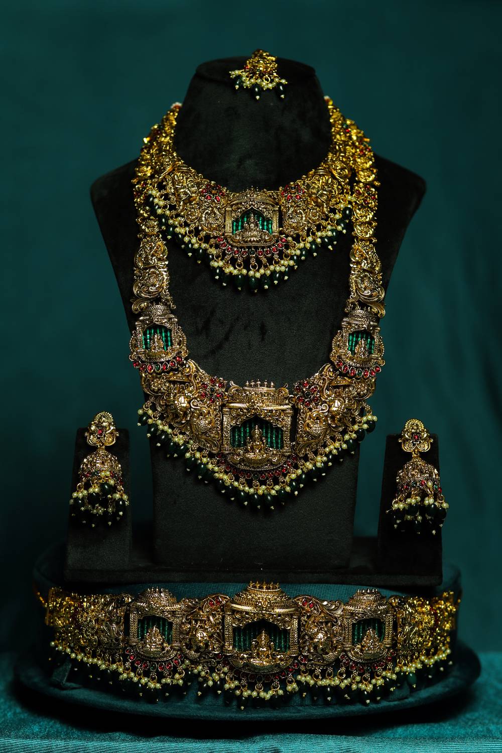 Royal Emerald Green & Antique Gold Temple Bridal Jewellery Set[5-PieceCombo]