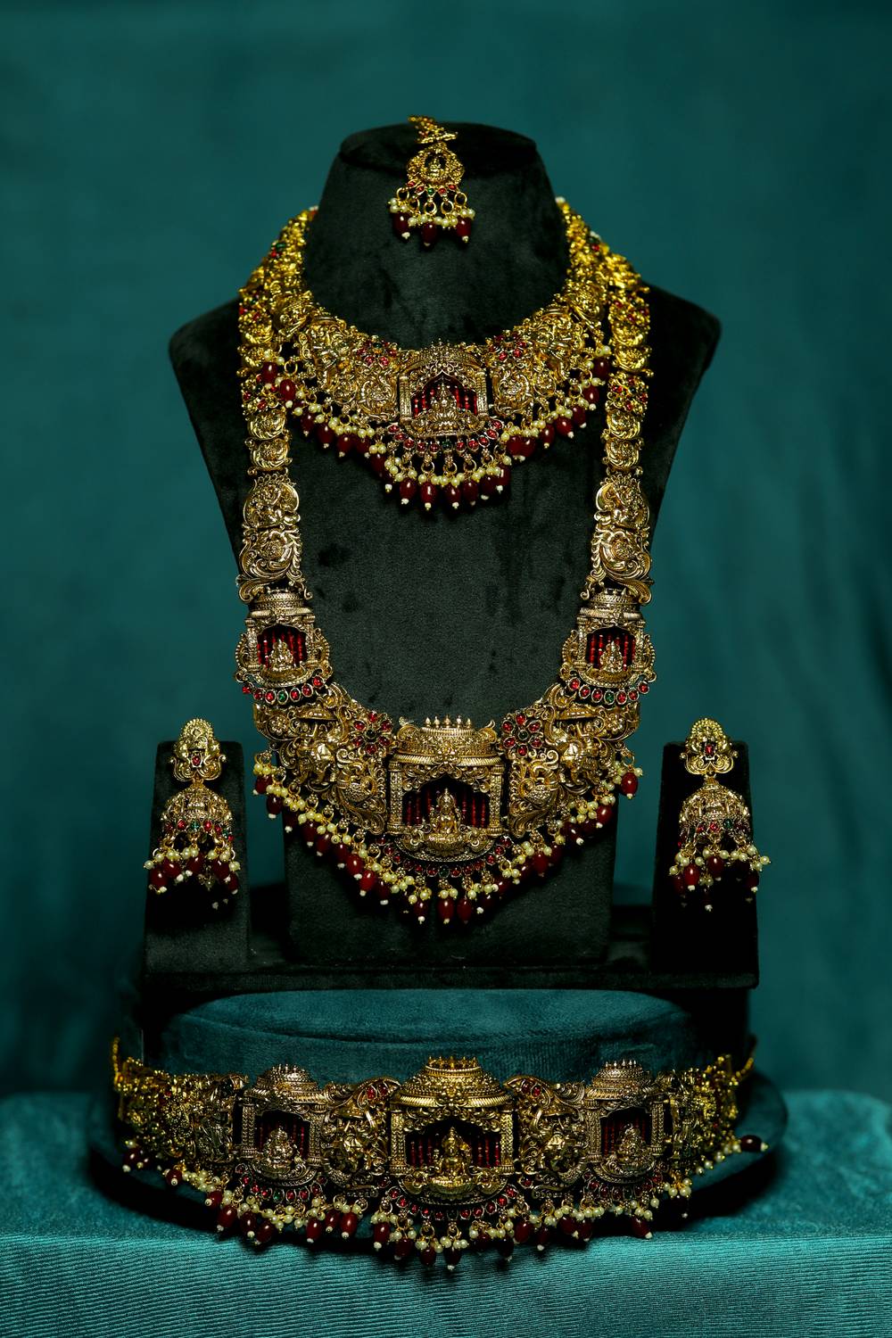Royal Red & Antique Gold Temple Bridal Jewellery Set[5-Piece Combo]
