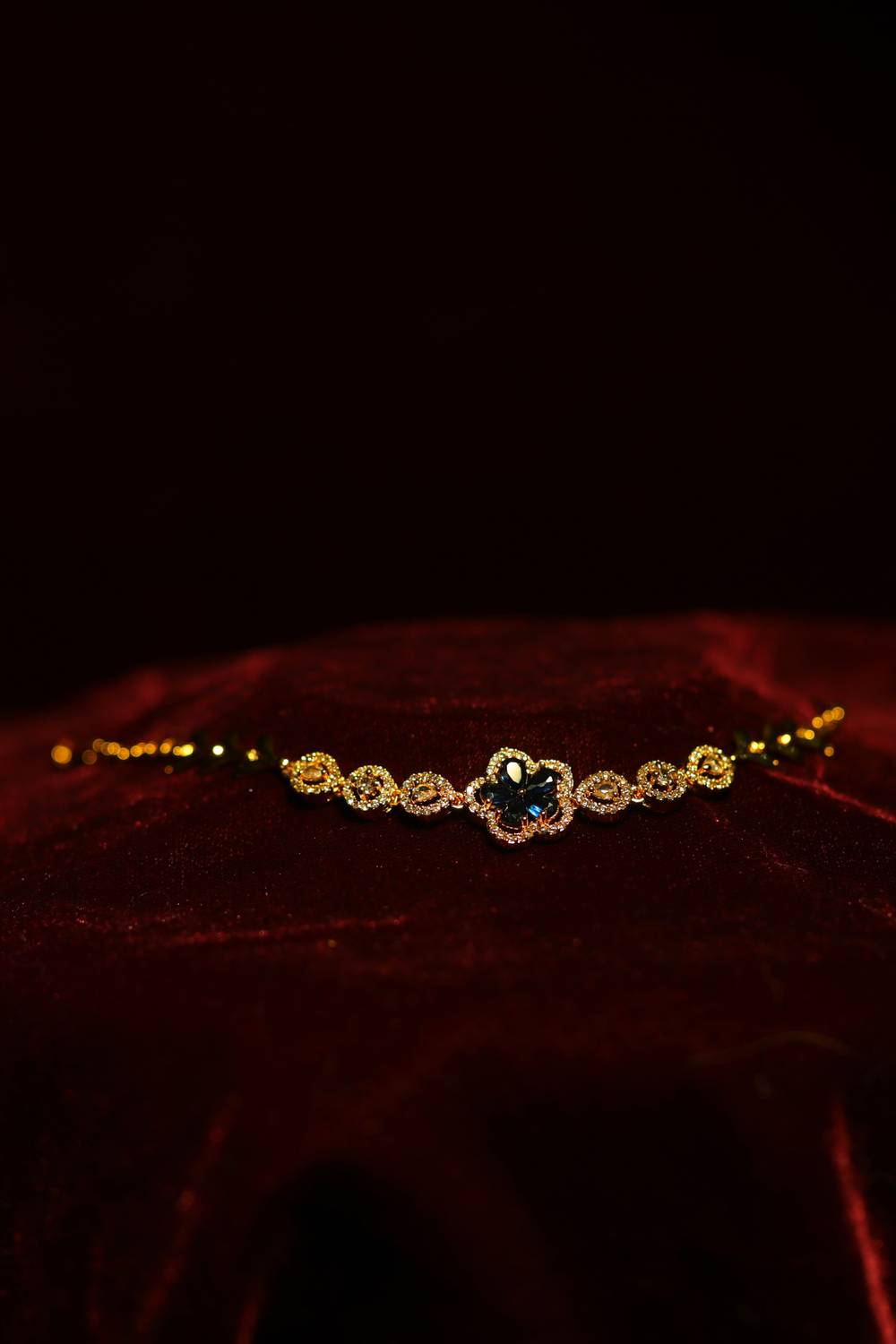 Royal Blue Floral Charm Gold-Plated Bracelet with Pavé Side Accents