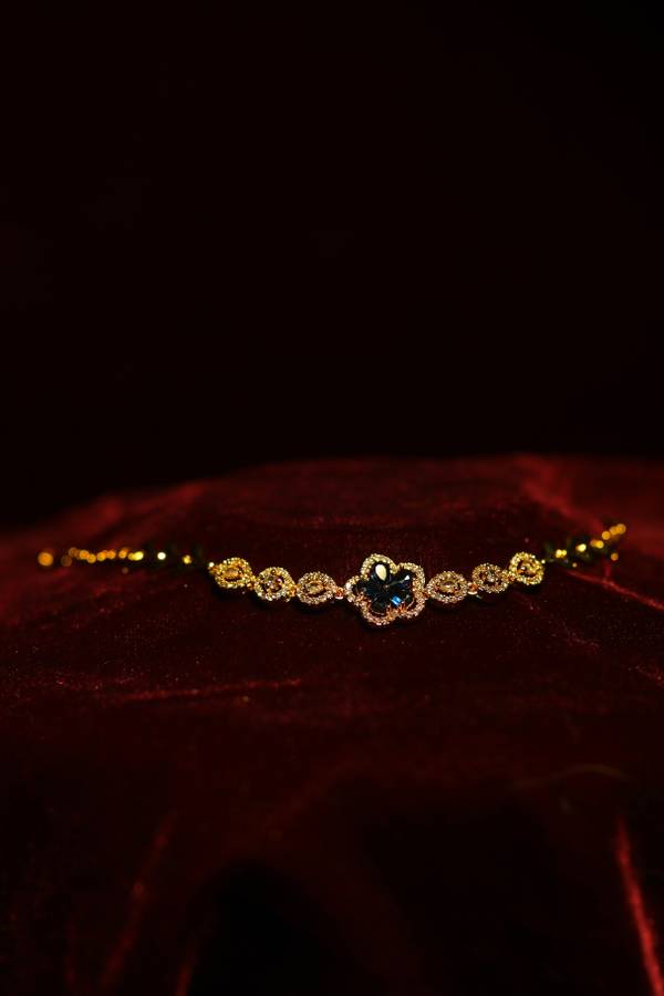 Royal Blue Floral Charm Gold-Plated Bracelet with Pavé Side Accents