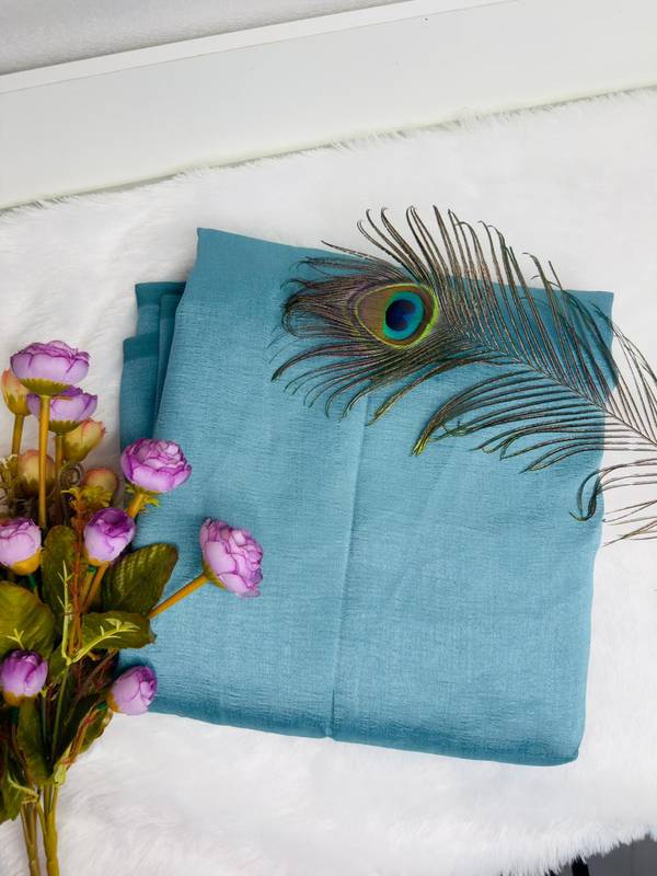 Elegant Ice Blue Textured Tussar Raw Silk Long Saree