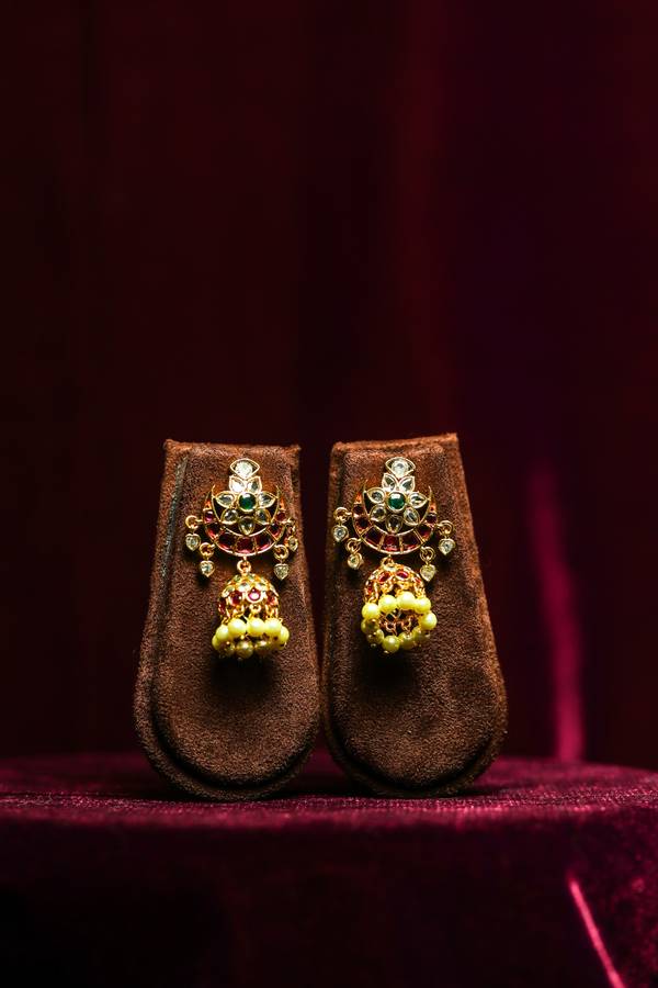  Regal Chandbali Jhumka Earrings with Ruby, Emerald, and Pearl Accents