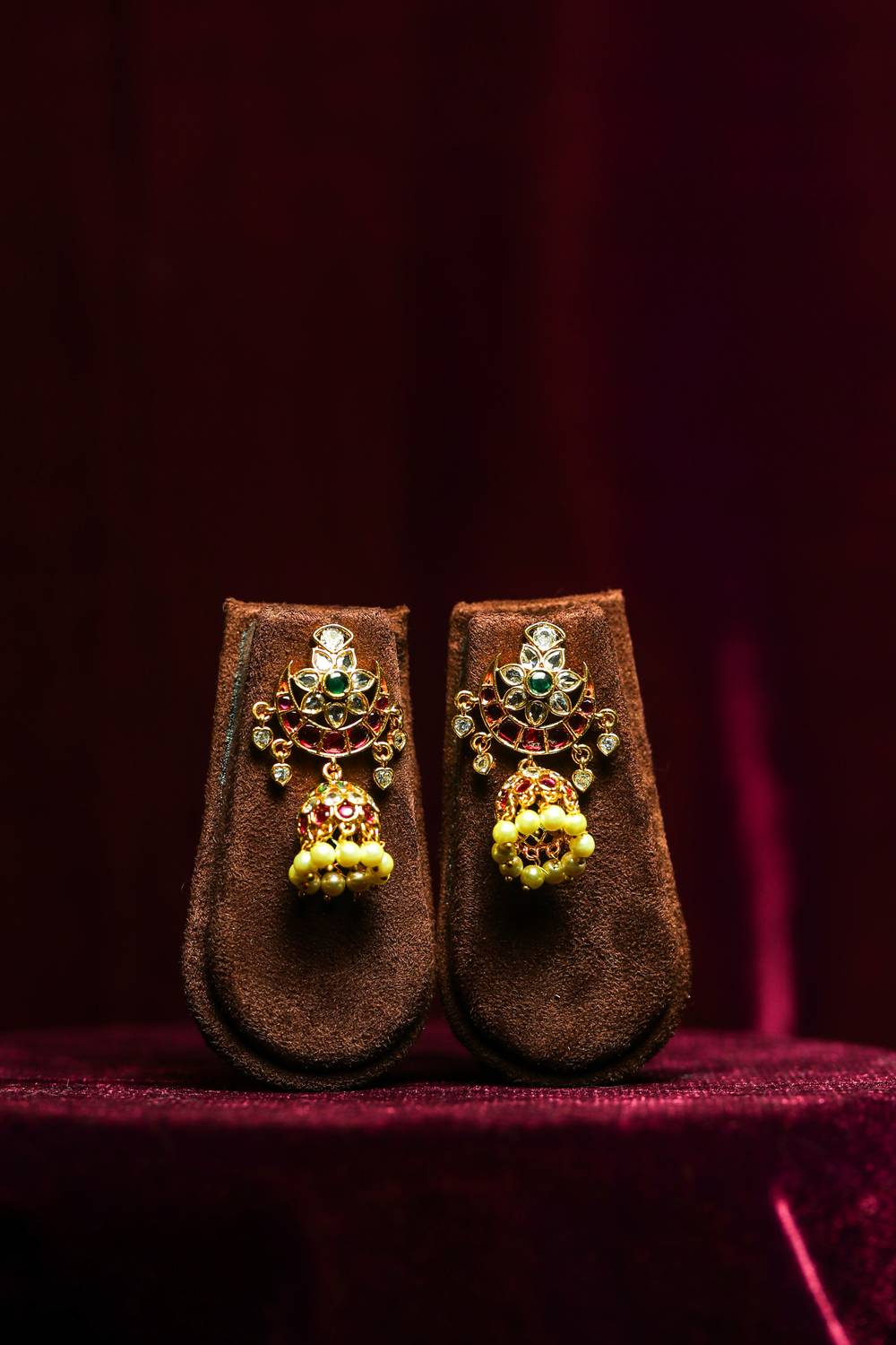 Regal Chandbali Jhumka Earrings with Ruby, Emerald, and Pearl Accents
