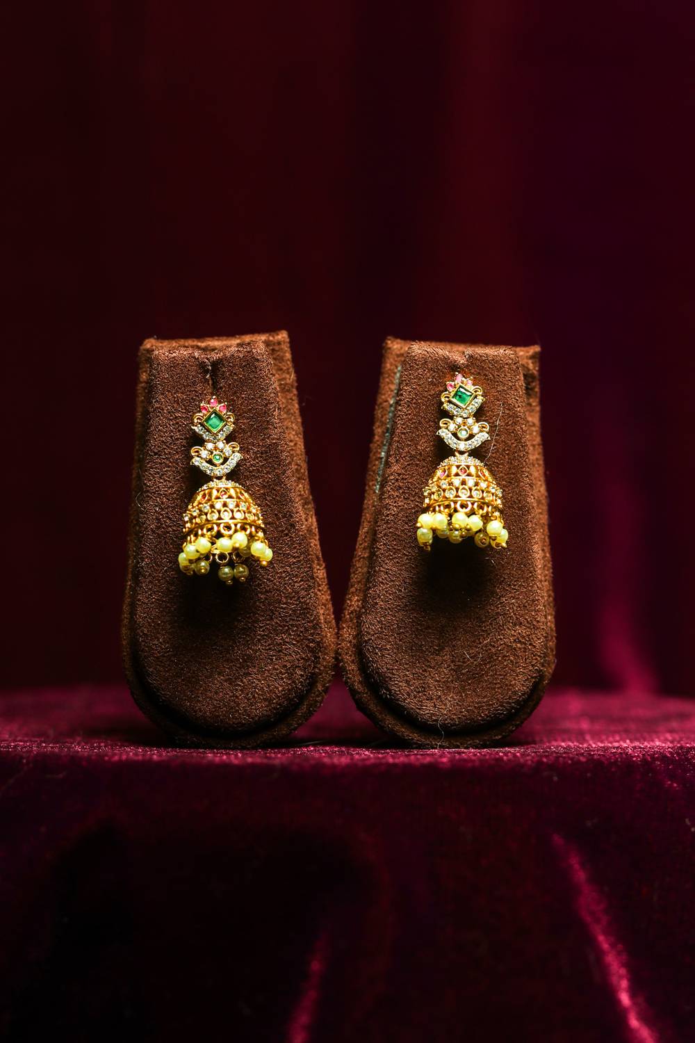  Heritage Matte Gold Jhumka Earrings with Emerald and Crystal Accents