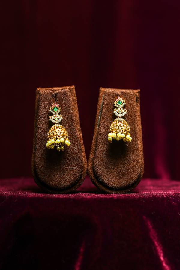  Heritage Matte Gold Jhumka Earrings with Emerald and Crystal Accents