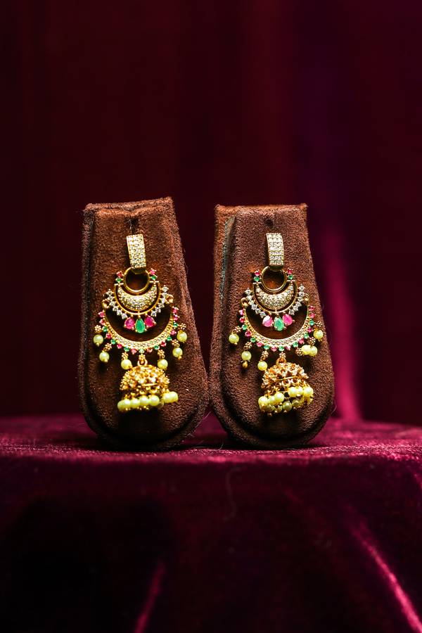 Regal Double Crescent Chandbali Jhumkas with Multi-Stone Accents