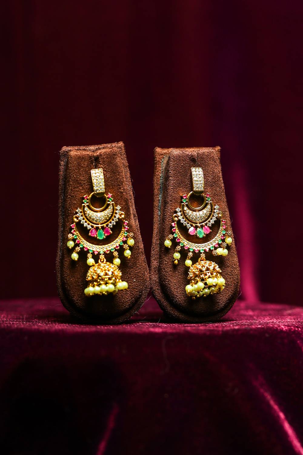 Regal Double Crescent Chandbali Jhumkas with Multi-Stone Accents