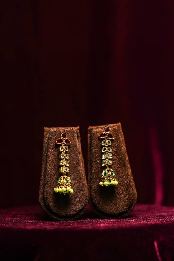  Heritage Gold-Tone Jhumka Earrings with Ruby & Emerald Stones